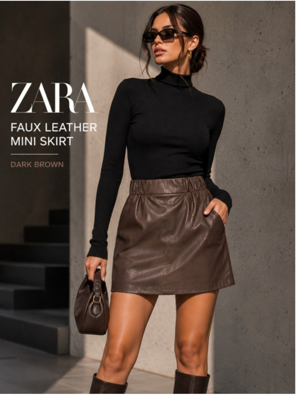Dark Brown Zara Faux Leather Mini Skirt NWOT